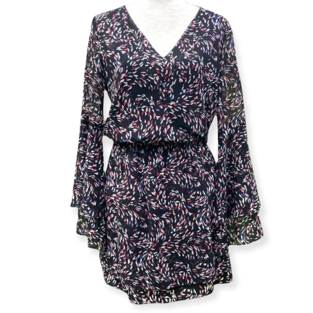 WHBM Flowy Print Long Sleeve Dress Black